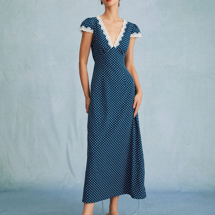 Maeve | Ruched V Neck Polka Dot Maxi Dress
