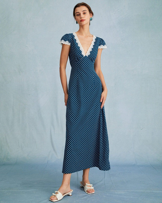 Maeve | Ruched V Neck Polka Dot Maxi Dress