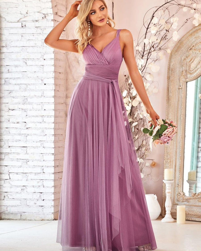 Melanie | Floor Length Double V Neck Bridesmaid Dress