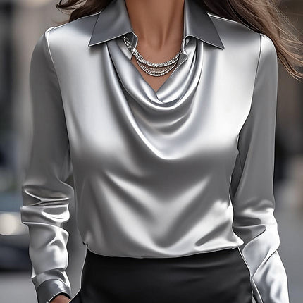Moira | Draped Neck Long Sleeve Satin Blouse
