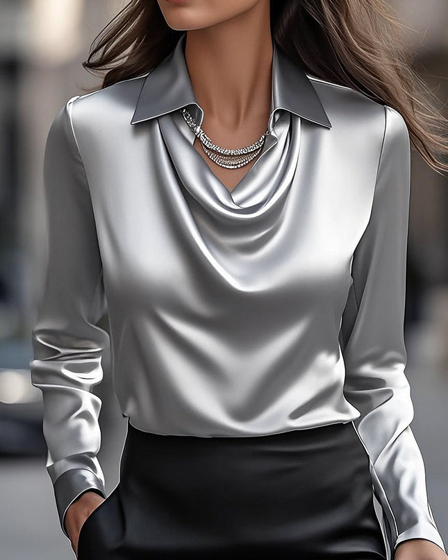 Moira | Draped Neck Long Sleeve Satin Blouse