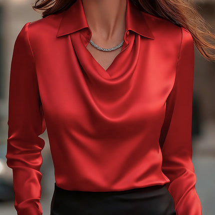 Moira | Draped Neck Long Sleeve Satin Blouse
