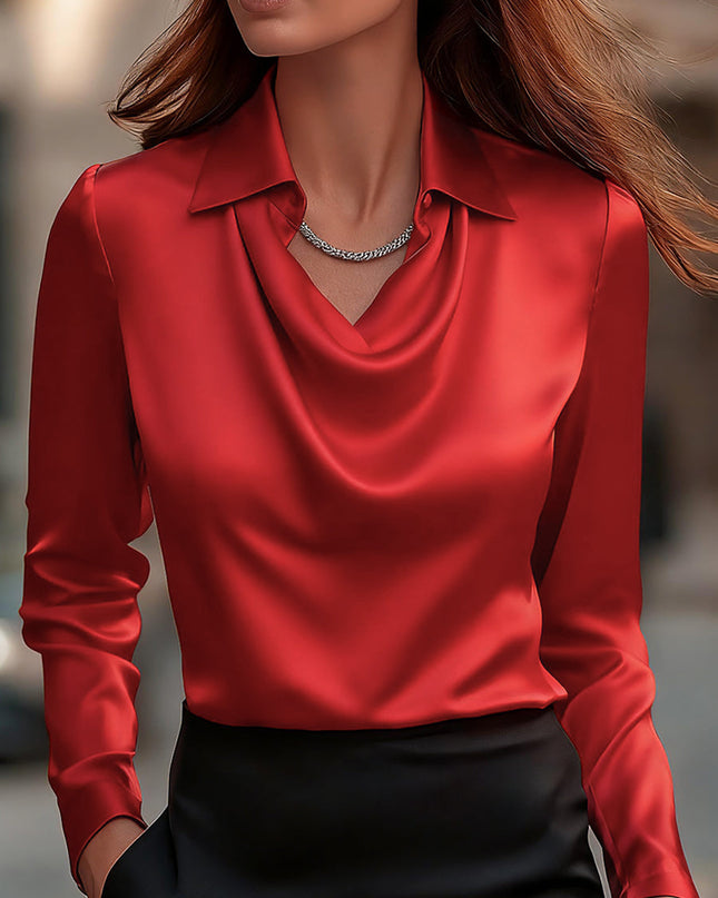 Moira | Draped Neck Long Sleeve Satin Blouse