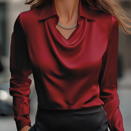 Moira | Draped Neck Long Sleeve Satin Blouse