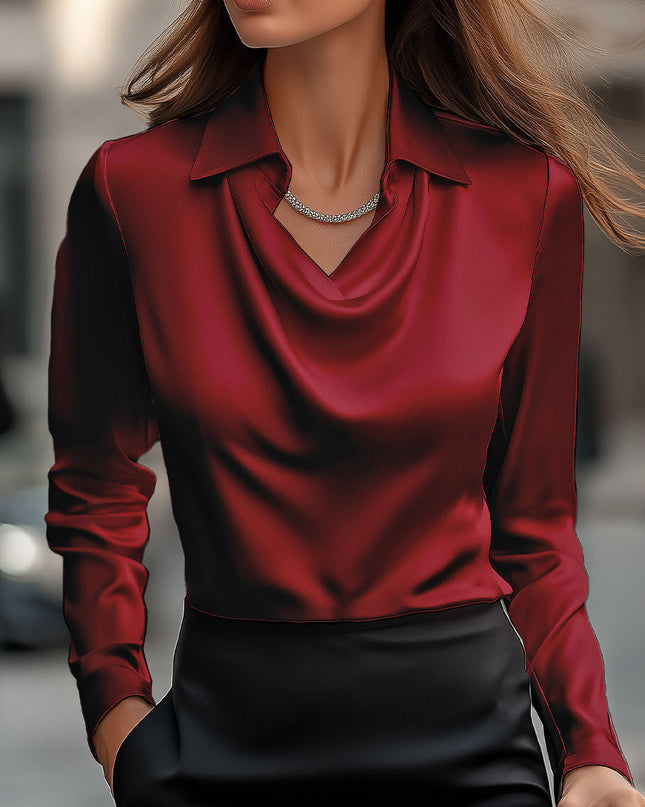 Moira | Draped Neck Long Sleeve Satin Blouse