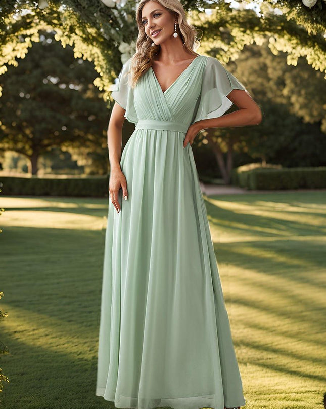 Natalia | A-Line V-Neck Flutter Sleeve Wedding Guest Dress