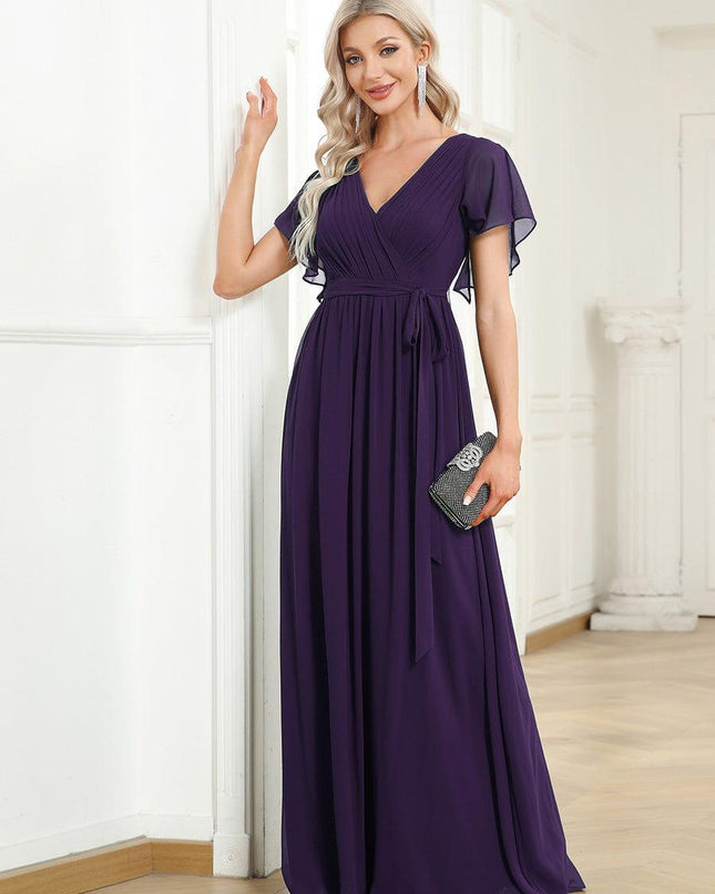 Natalia | A-Line V-Neck Flutter Sleeve Wedding Guest Dress