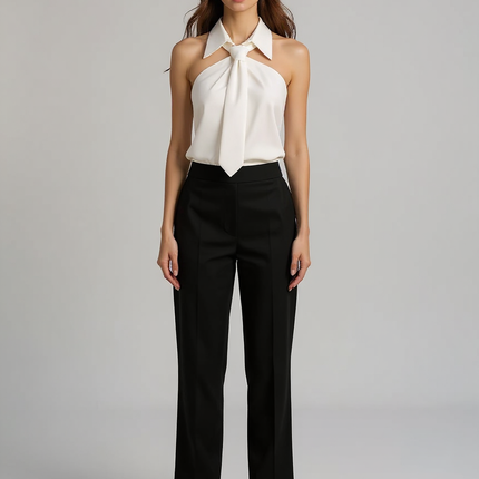 Odette | Tailored Fit Sleeveless Halter Holiday Blouse - White / XS(2)