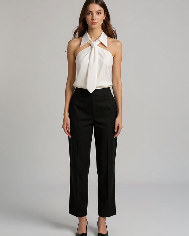 Odette | Tailored Fit Sleeveless Halter Holiday Blouse - White / XS(2)