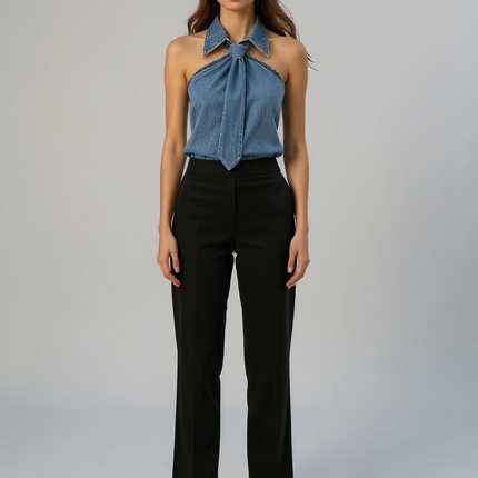 Odette | Tailored Fit Sleeveless Halter Holiday Blouse - Denim Blue / XS(2)