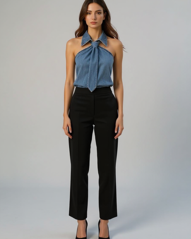 Odette | Tailored Fit Sleeveless Halter Holiday Blouse - Denim Blue / XS(2)