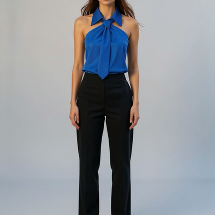 Odette | Tailored Fit Sleeveless Halter Holiday Blouse - Royal Blue / XS(2)