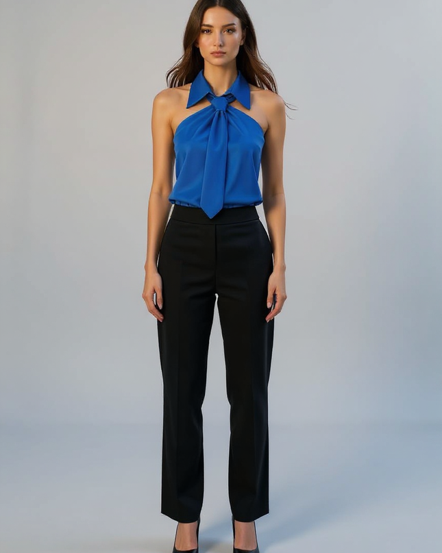 Odette | Tailored Fit Sleeveless Halter Holiday Blouse - Royal Blue / XS(2)