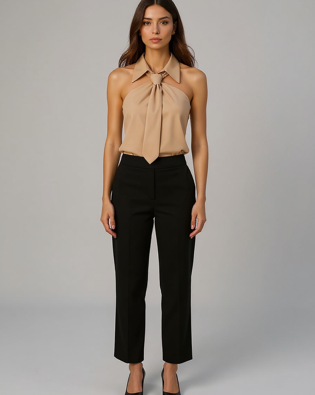Odette | Tailored Fit Sleeveless Halter Holiday Blouse - Khaki / XS(2)