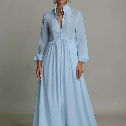 Payton | Stand-Up Collar Long Sleeve Kaftan Maxi Dress - Blue / XS