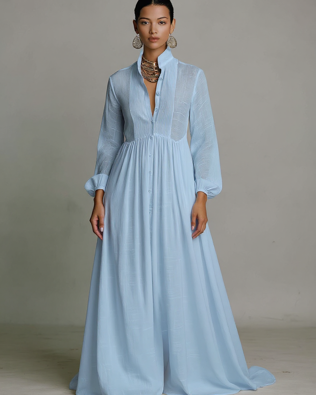 Payton | Stand-Up Collar Long Sleeve Kaftan Maxi Dress - Blue / XS