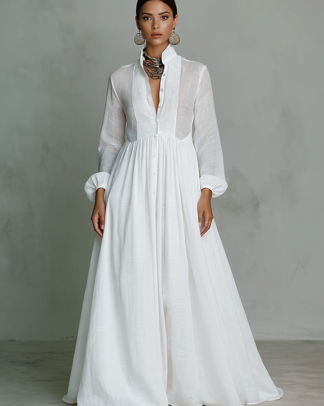 Payton | Stand-Up Collar Long Sleeve Kaftan Maxi Dress - White / XS