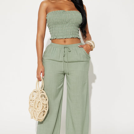Pippa | Sage Co Ord Set Women Tube Top Wide Leg