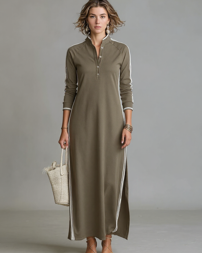Rosalind | Minimalist Button-Down Collar Sweatshirt Maxi Dress - Khaki / XS