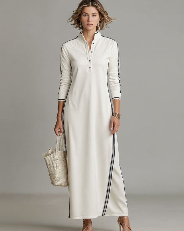 Rosalind | Minimalist Button-Down Collar Sweatshirt Maxi Dress - White / XS