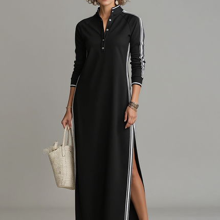 Rosalind | Minimalist Button-Down Collar Sweatshirt Maxi Dress - 3/4 Turn