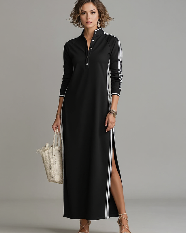 Rosalind | Minimalist Button-Down Collar Sweatshirt Maxi Dress - 3/4 Turn
