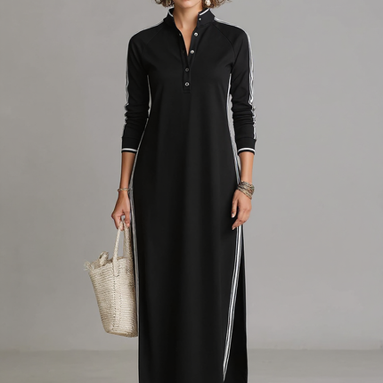 Rosalind | Minimalist Button-Down Collar Sweatshirt Maxi Dress - Black / XS