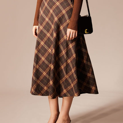 Rosemary | Regular Fit Elastic Waist Plaid A-Line Midi Skirt