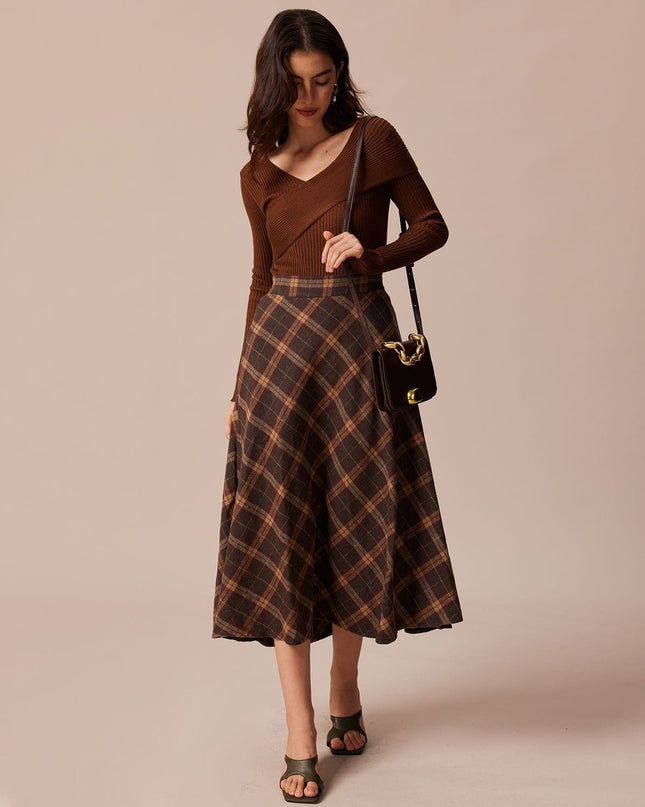 Rosemary | Regular Fit Elastic Waist Plaid A-Line Midi Skirt