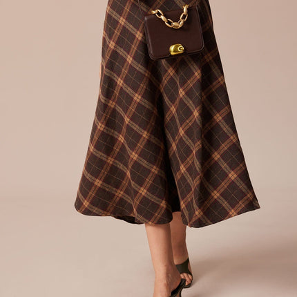 Rosemary | Regular Fit Elastic Waist Plaid A-Line Midi Skirt