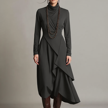 Solange | Asymmetric Draped Turtleneck Cotton Wedding Guest Dress - Dark Grey / XS