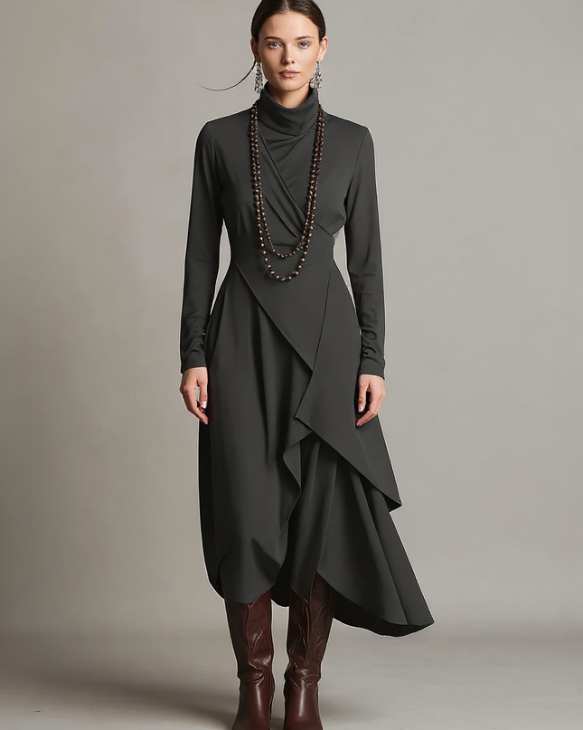 Solange | Asymmetric Draped Turtleneck Cotton Wedding Guest Dress - Dark Grey / XS