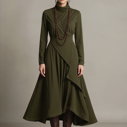 Solange | Asymmetric Draped Turtleneck Cotton Wedding Guest Dress - Green / XS