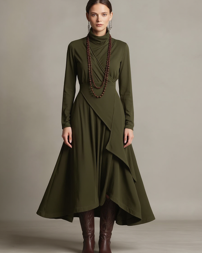Solange | Asymmetric Draped Turtleneck Cotton Wedding Guest Dress - Green / XS