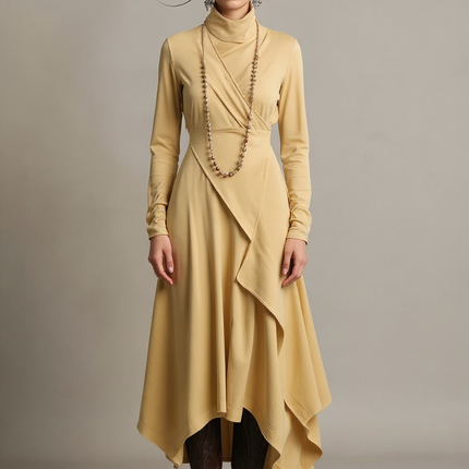 Solange | Asymmetric Draped Turtleneck Cotton Wedding Guest Dress - Yellow / XS