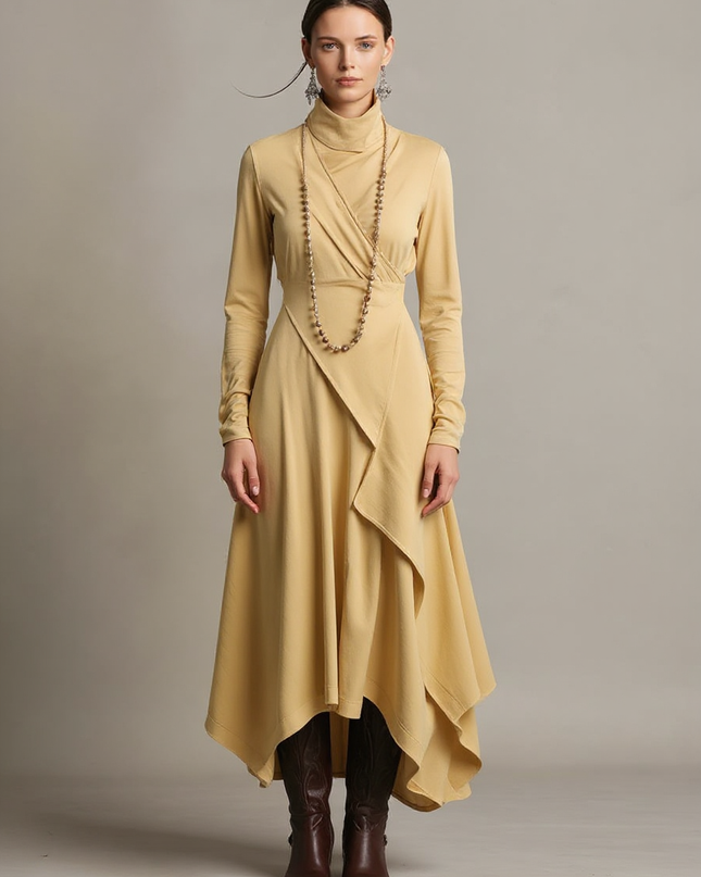 Solange | Asymmetric Draped Turtleneck Cotton Wedding Guest Dress - Yellow / XS