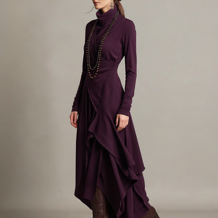 Solange | Asymmetric Draped Turtleneck Cotton Wedding Guest Dress - 3/4 Turn