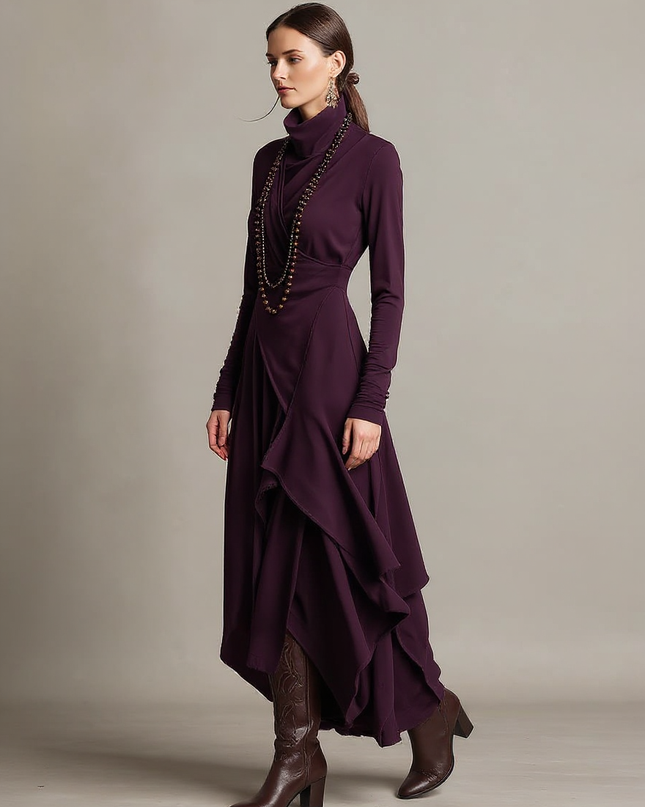 Solange | Asymmetric Draped Turtleneck Cotton Wedding Guest Dress - 3/4 Turn