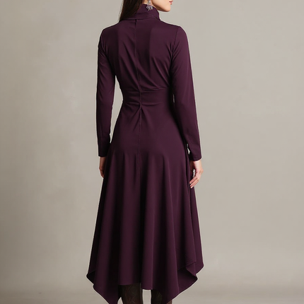 Solange | Asymmetric Draped Turtleneck Cotton Wedding Guest Dress - Back View