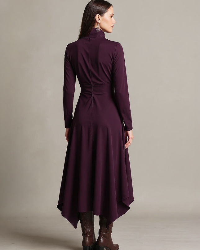 Solange | Asymmetric Draped Turtleneck Cotton Wedding Guest Dress - Back View