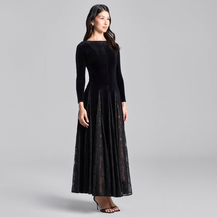 Stevie | Fitted Velvet Maxi Dress with Lace Insets