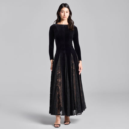 Stevie | Fitted Velvet Maxi Dress with Lace Insets