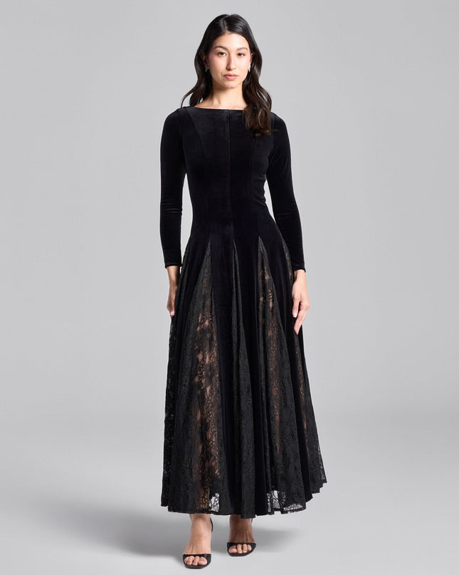 Stevie | Fitted Velvet Maxi Dress with Lace Insets