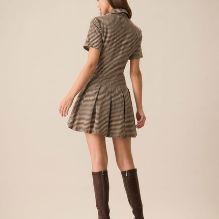 Summer | Pleated Lapel Gingham Mini Dress