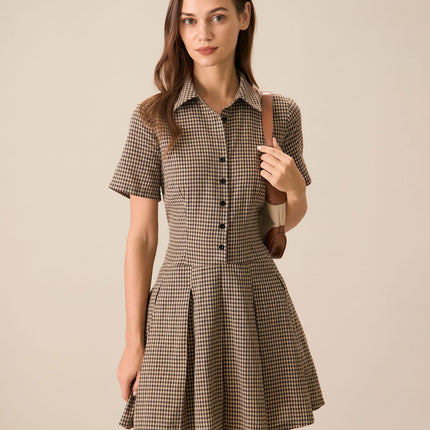 Summer | Pleated Lapel Gingham Mini Dress