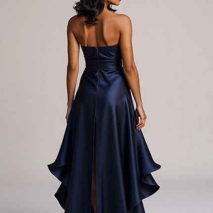 Theresa | Fitted Satin Halter Ruffle Bridesmaid Dress - Back View