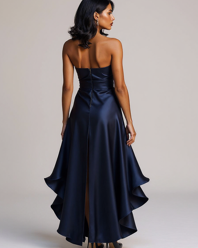 Theresa | Fitted Satin Halter Ruffle Bridesmaid Dress - Back View