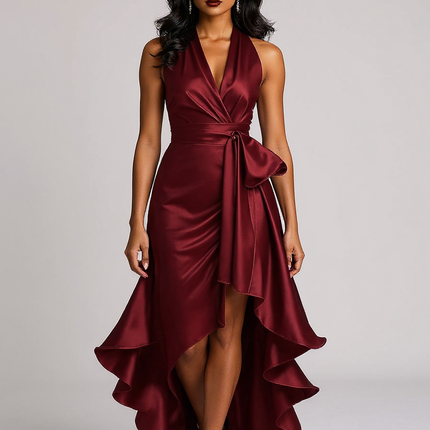 Theresa | Fitted Satin Halter Ruffle Bridesmaid Dress - Burgundy / XS(2)