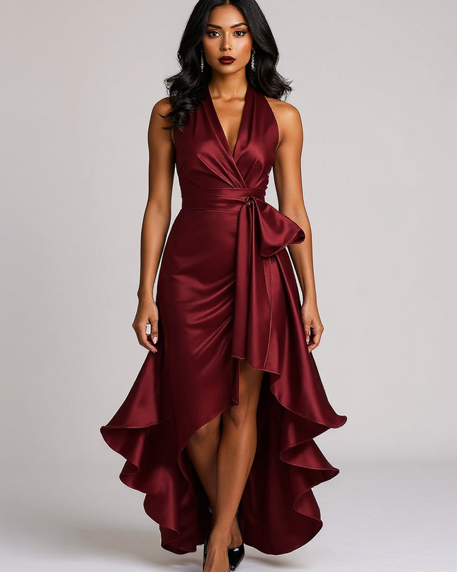 Theresa | Fitted Satin Halter Ruffle Bridesmaid Dress - Burgundy / XS(2)