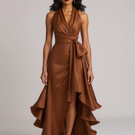 Theresa | Fitted Satin Halter Ruffle Bridesmaid Dress - Brown / XS(2)